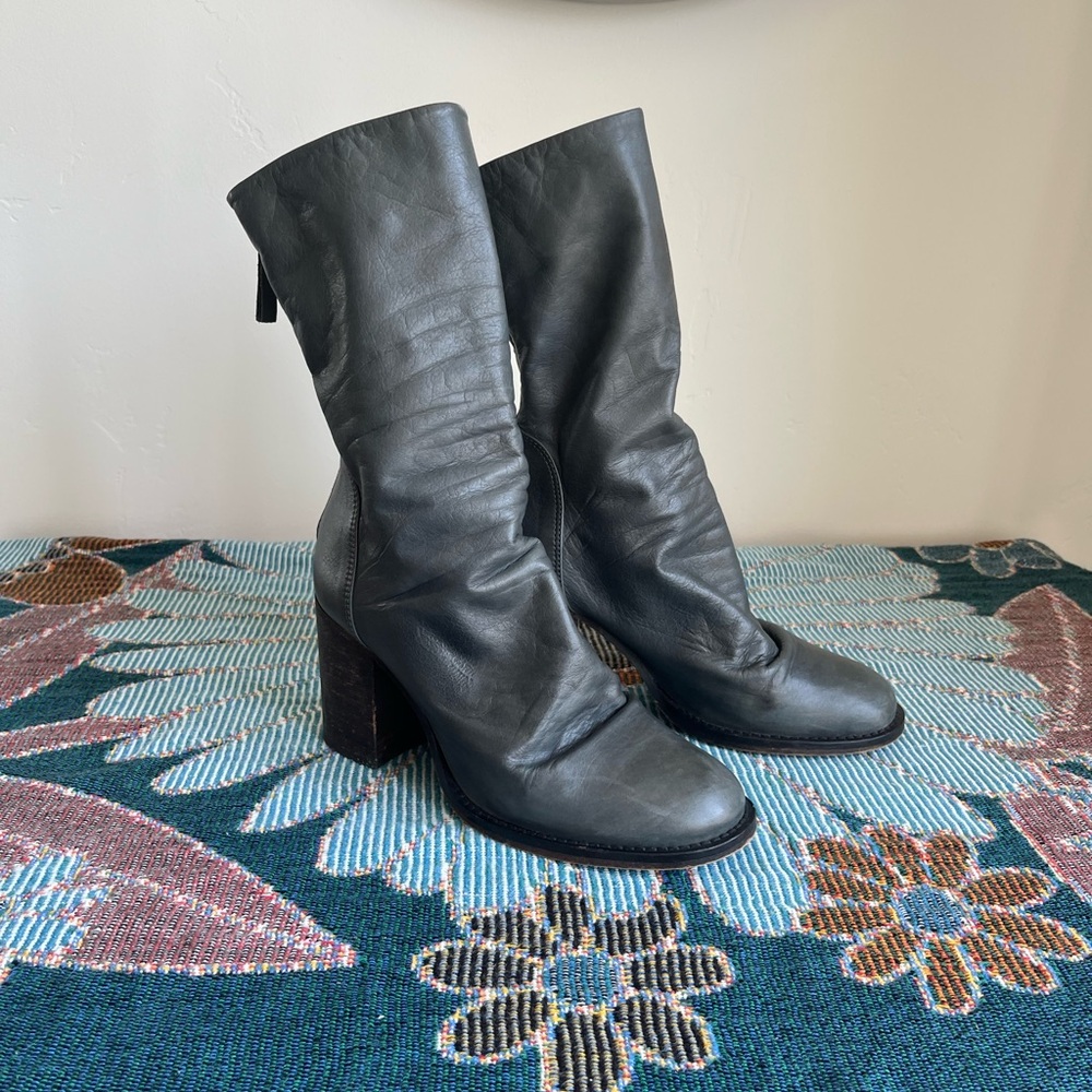Free People Elle Block Heel Leather Boot size 37 | color: stone